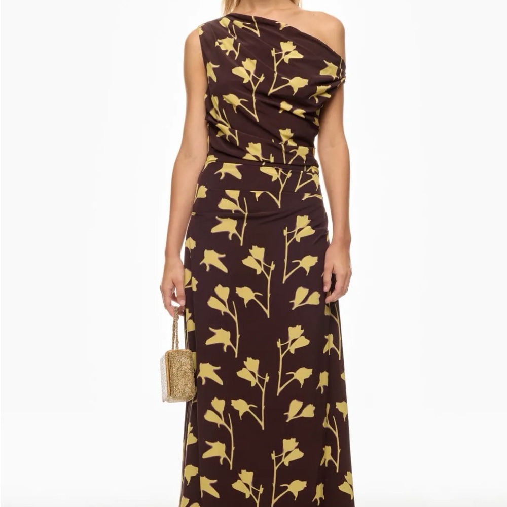 STAUD Brown One-Shoulder Maxi Dress with Yellow Floral Print